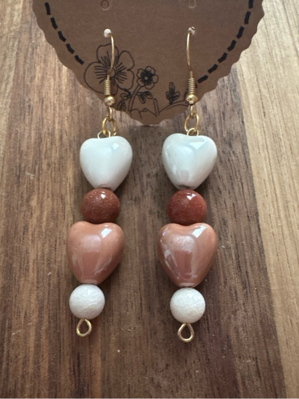 Handmade Heart Drop Earrings in White and Peach w/ Quartz and Goldstone